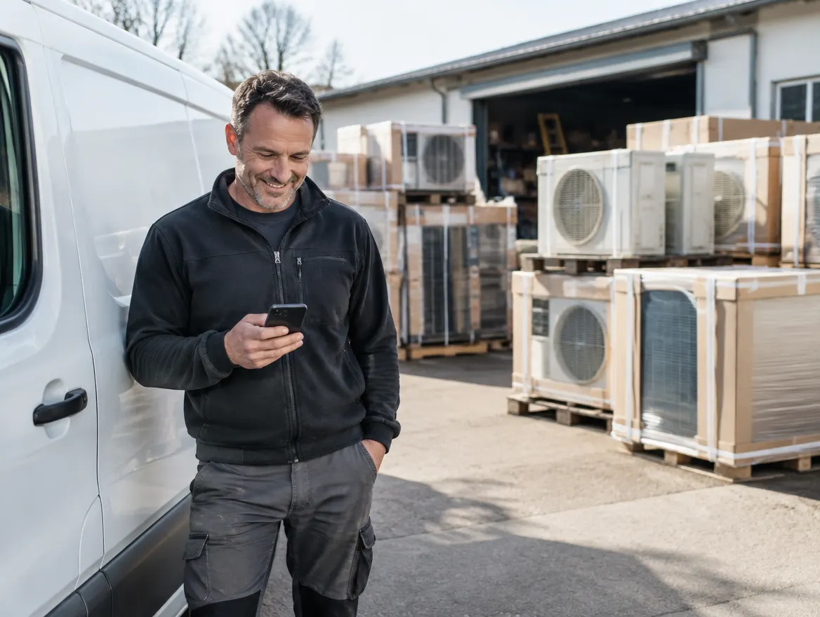 Inhaber eines Klimafachbetriebs schaut auf sein Handy