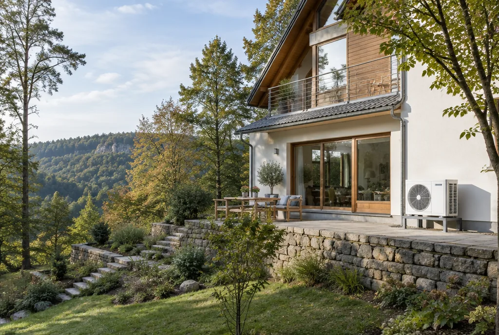 Haus am Hang des Teutoburger Waldes mit Außengerät einer Klimaanlage auf der Terrasse, Beispielbild
