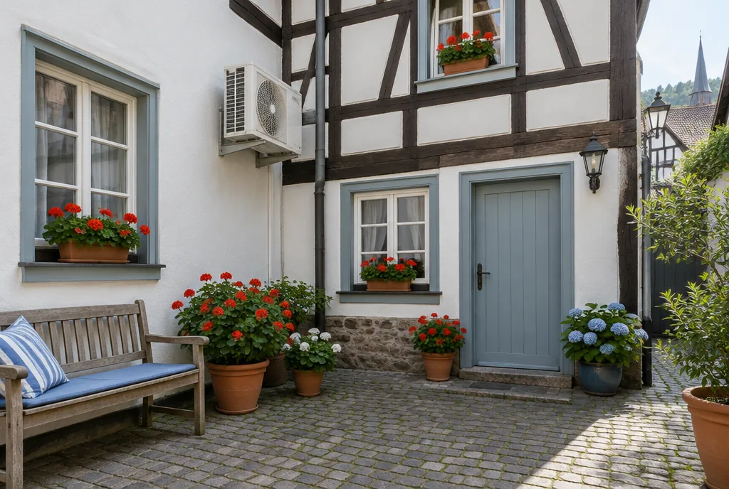 Innenhof eines Fachwerkhauses mit Außengerät in der Ecke, Beispielbild