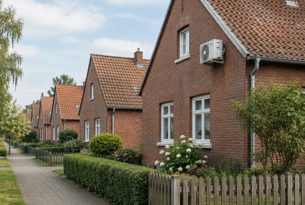 Backsteinhäuser einer Arbeitersiedlung mit Außengerät einer Klimaanlage am Giebel, Beispielbild