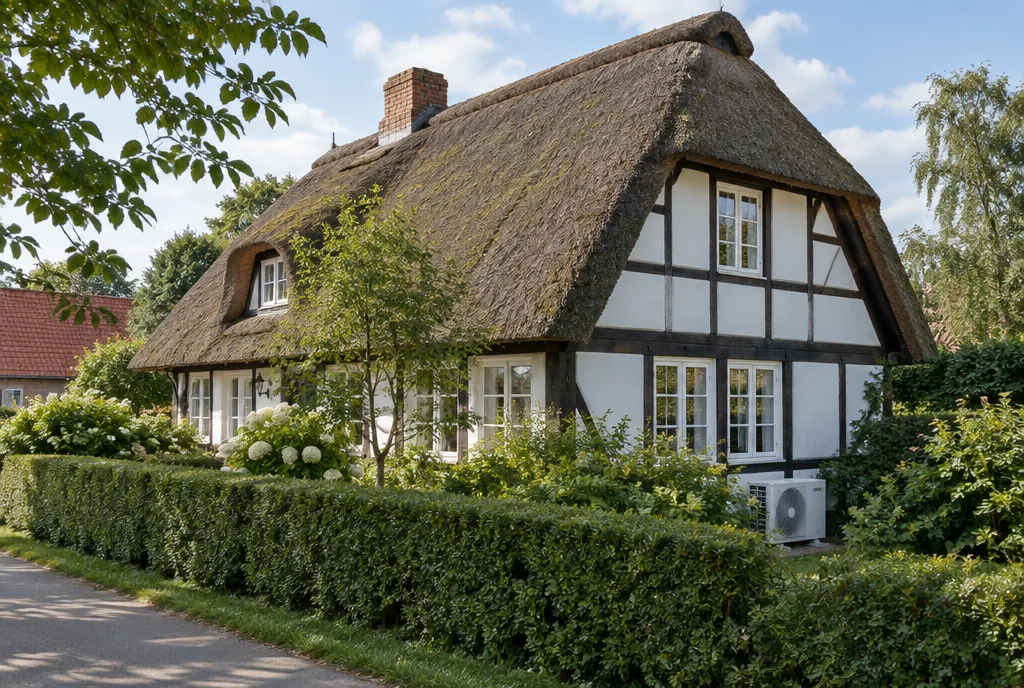 Beispielbild: Bauernhaus mit Reetdach, das Außengerät einer Klimaanlage steht hinter einer Hecke