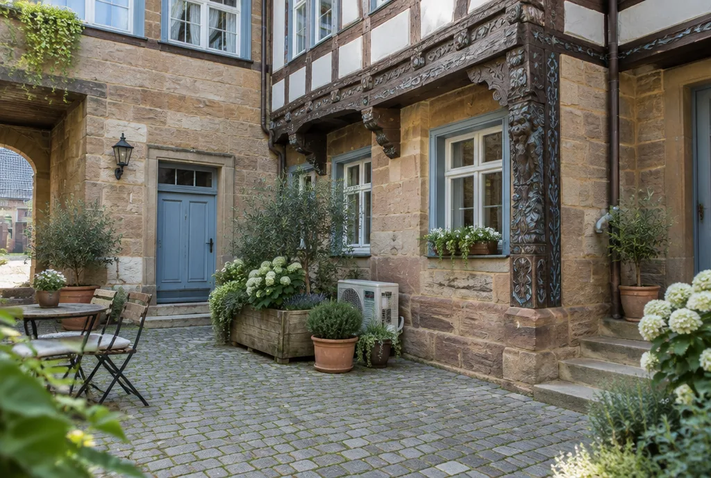 Innenhof eines historischen Stadthauses mit Außengerät hinter Pflanzkübeln, Beispielbild