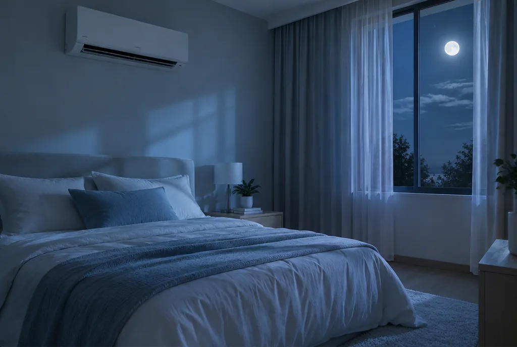 Schlafzimmer mit Split-Innengerät über der Tür, Lamelle nach oben gestellt