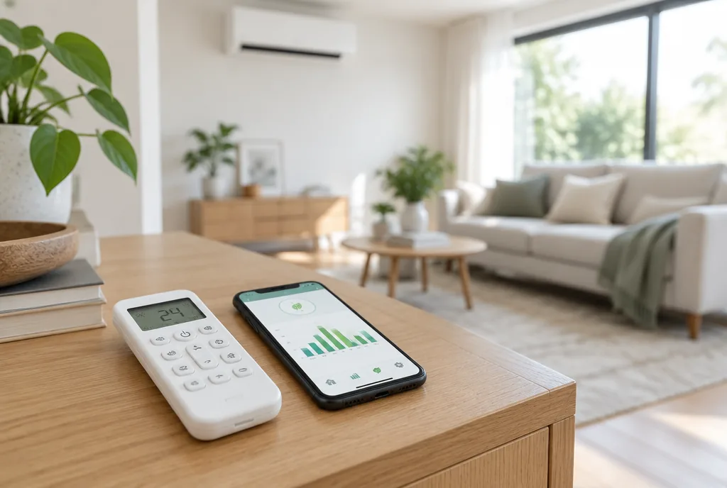 Fernbedienung mit 24 Grad und Smartphone mit Verbrauchsgrafik
